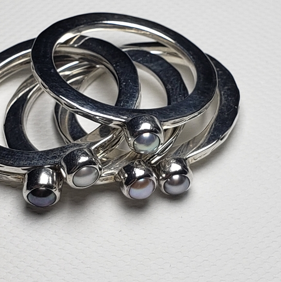 Five Colored Pearl Stacking Silver Rings Set 925 - Picture 5 of 6